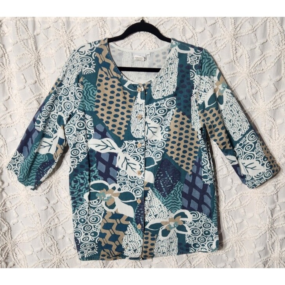 Hot Cotton Womens Patchwork Button Up Size Small Blue Artsy Colorblock USA Made